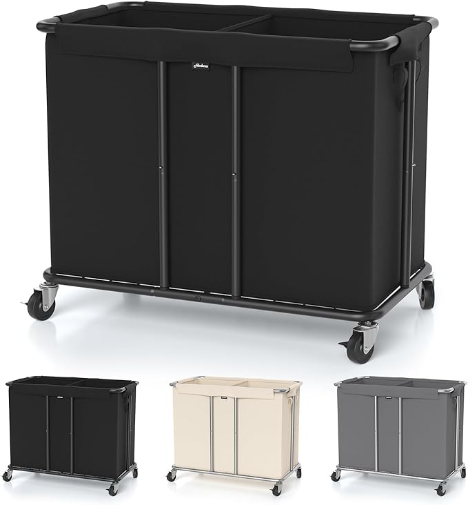 Hodonas Laundry Hamper with Wheels, 2-Section 230L (61Gal) Large Capacity, Heavy-Duty Rolling Clothes Basket with Silent Rubber Casters & Detachable Oxford Bags for Home, Black, 31.5"Lx15.75W"x30.7"H