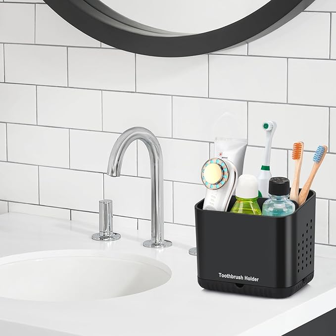 PARKMANI Black Toothbrush Holders for Bathrooms, Kids Electric Toothbrush and Toothpaste Holder, 4 Slots Tooth Brush Holder for Bathroom Countertop Organizer (Black)