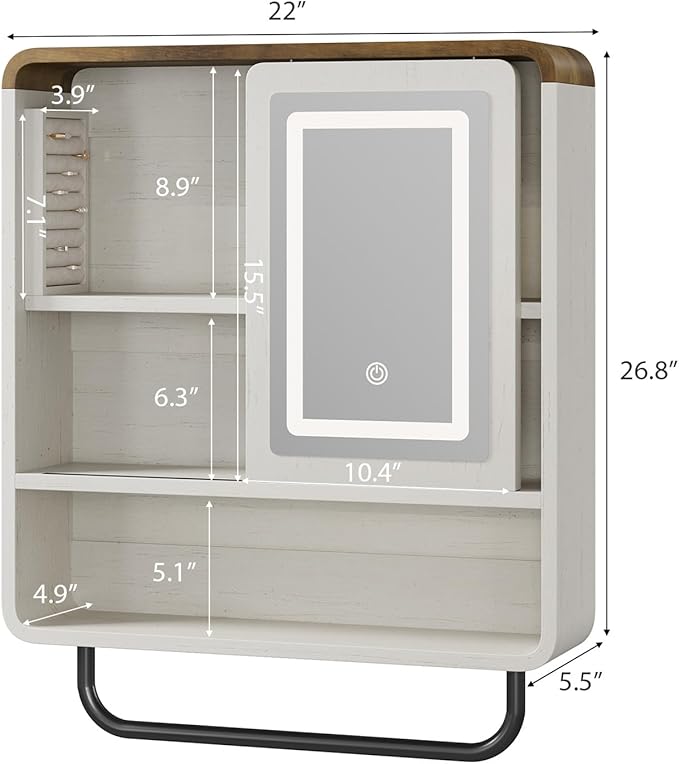 QUW Modern Bathroom Wall Cabinet, Medicine Cabinets with Mirror, Over The Toilet Storage Cabinet for Bathroom, Towel Bar, Sliding Door, 3 Lighting Modes, Adjustable Brightness, Antique White