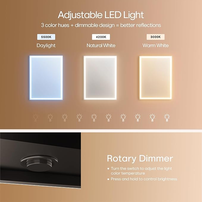 32x24 inch LED Lighted Medicine Cabinet with Mirror, Moisture-Resistant Wood, Stepless Dimmable, 3000K/5500K, Defogger, Adjustable Shelf, Flat-Pack Design – Assembly Required, Black