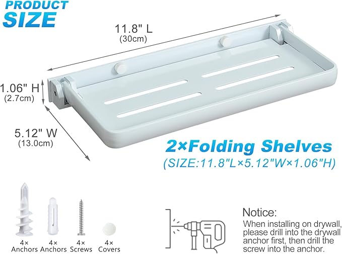 White Small Folding Wall Shelf, RV Aluminum Foldable Shelves, 90° Fold Up and Waterproof, Drop Down Floating Shelf for Kitchen, Toilet Room, Laundry Room, Small Space(2-Pack, White)