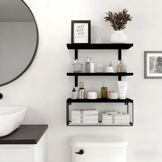 Bathroom Shelves Over Toilet, Set of 3 Wall Mounted Floating Shelves with Storage Basket Rustic Wood Shelf for Home Organization, Wall Decor for Bathroom, Kitchen, Living Room. (Black)