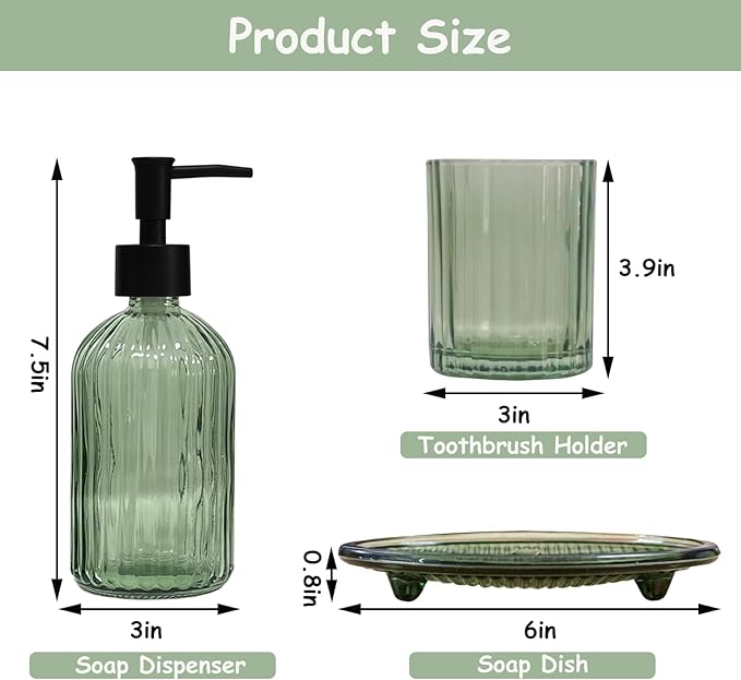 Green Bathroom Accessories Set, 4Pcs Glass Soap Dispenser Set Includes Soap Dispenser, Toothbrush Holder, Mouthwash Cup, Soap Dish for Home Decor, Countertop Vanity Organize