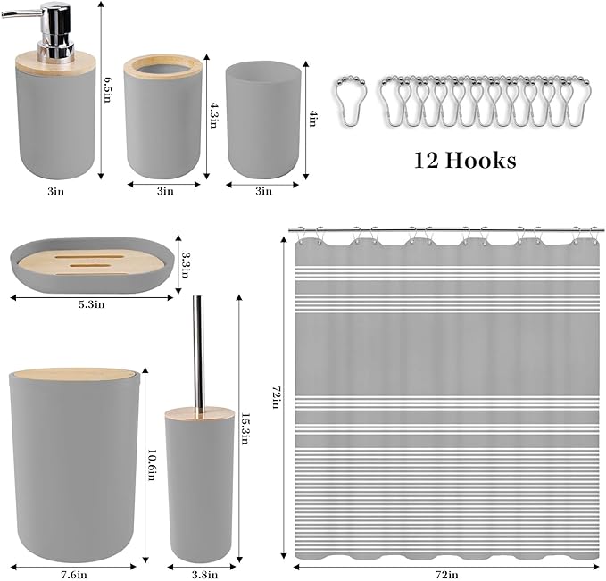 Britimes Bathroom Accessories Set, Grey Shower Curtain Set with Trash Can, Soap Dispenser, Toilet Brush Holder, Toothbrush Holder and Toothbrush Cup for Bathroom Decor