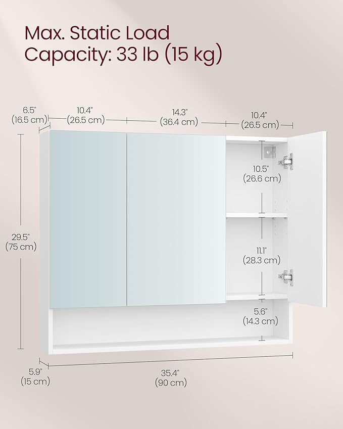 VASAGLE KAILYN Collection - Medicine Cabinet Mirror, Bathroom Wall Mirror Cabinet with Storage, Open Compartment, Adjustable Shelves, 6.5 x 35.4 x 29.5 Inches, Cloud White UBBK130W01