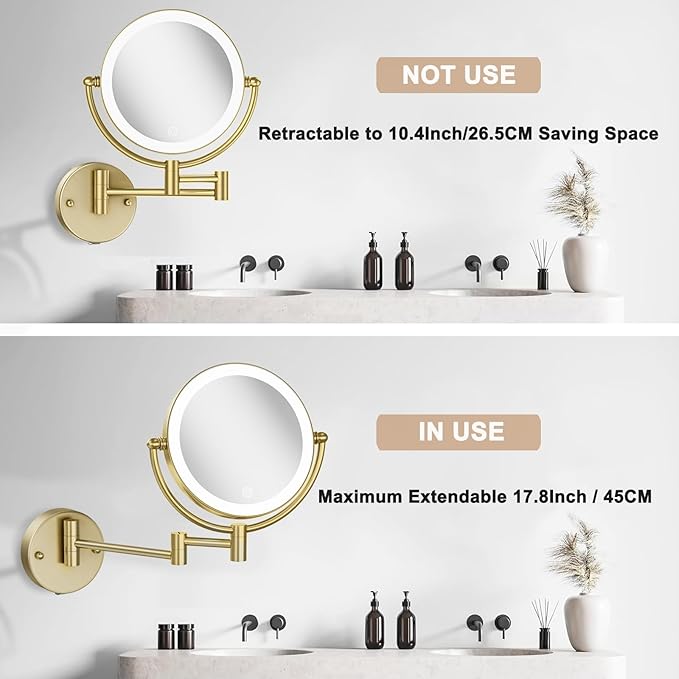 Lighted Makeup Mirror 10x Magnification Wall Mount, Hard Wired Double Sides 3 Color Lighting Touch Dimming, 360 Swivel Extended Arm Shaving Mirror for Bathroom, Satin Brushed Gold