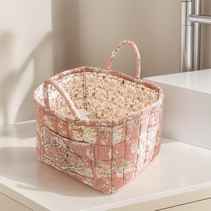 Quilted Fabric Storage Basket Boho Floral Laundry Hamper with Handle Foldable Floral Basket Organizer for Car Bedroom