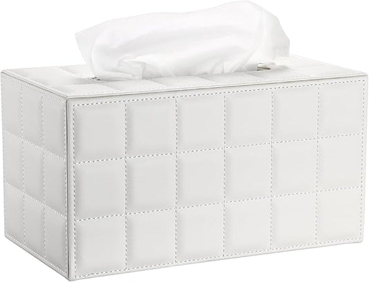 Sumnacon Tissue Box Cover Rectangle Leather Tissue Box with Magnetic Bottom,PU Tissue Box Holder Decorative Grid White Tissue Cover for Bathroom Toilet Bedroom Kitchen Office Table Desk, Large