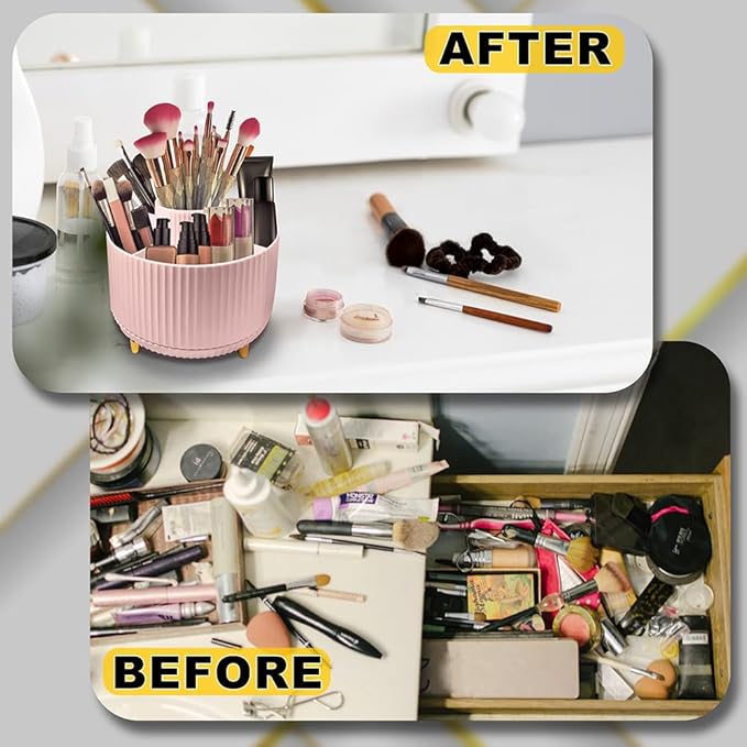 WILL OAK Makeup Brush Organiser - Large Compartment Cosmetic Organizer -Eyeliner, Nail Polish, Art Supply, Bathroom Vanity Desktop Organizer (Pink)