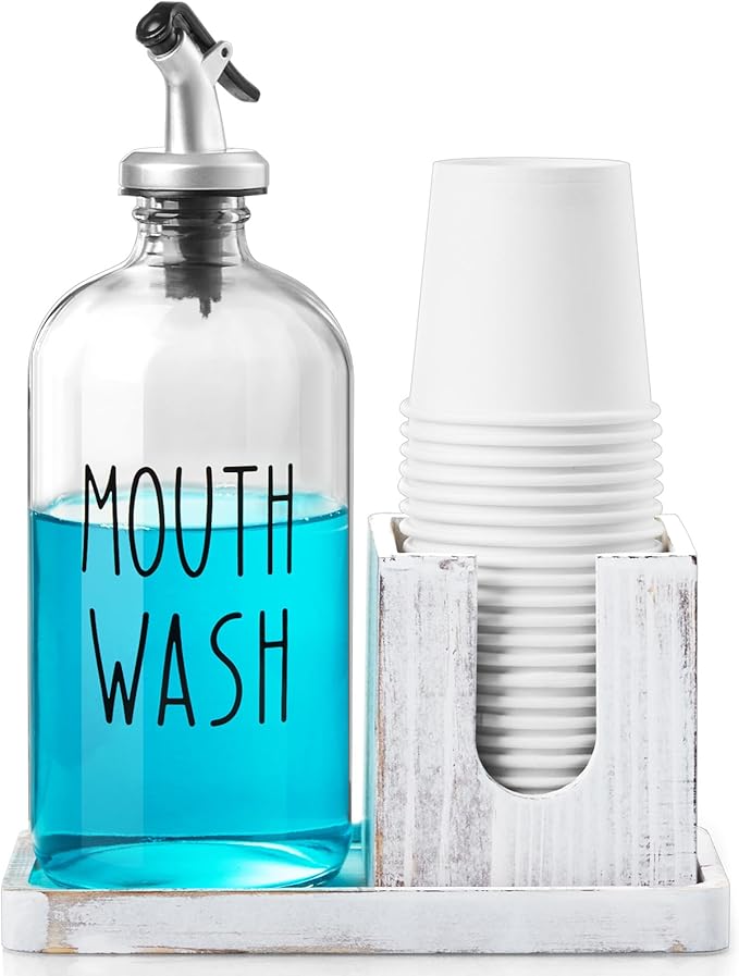 Glass Mouthwash Dispenser for Bathroom, 16 OZ Mouthwash Dispenser with Pour Spout and White Washed Wood Cup Holder and Tray, Mouth Wash Bottle Container, Rustic Kitchen Bathroom Decor and Accessories
