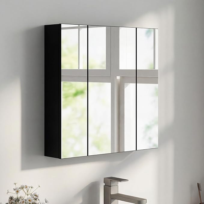 Panana Bathroom Mirror Cabinet Medicine Cabinets with 3 Mirrored Door Wall Mounted Cabinet with Mirror, Storage Shelf with Adjustable Shelves Storage Organizer Kitchen Cupboard (Black, 23.6x23.6 inch)