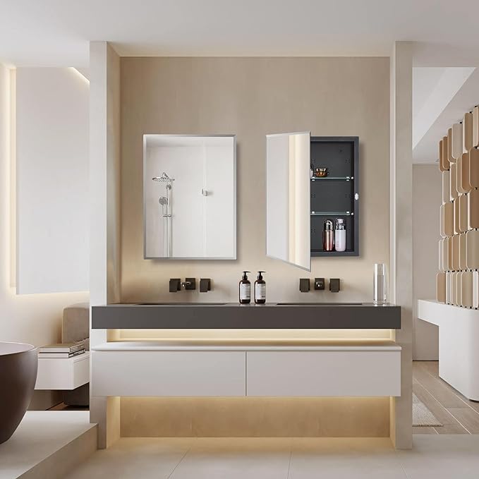 IDYLLOR Black Bathroom Medicine Cabinet with Beveled Edge Mirrored Door 16 x 22 inch, Recessed or Surface Mount, with Adjustable Glass Shelves