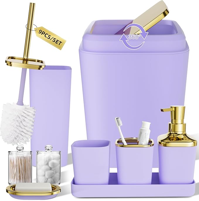 XLHOMO Purple Bathroom Accessories Set, Purple and Gold Bathroom Accessories with Trash Can, Soap Dispenser, Soap Dish, Toothbrush Holder and Q-tip Holders