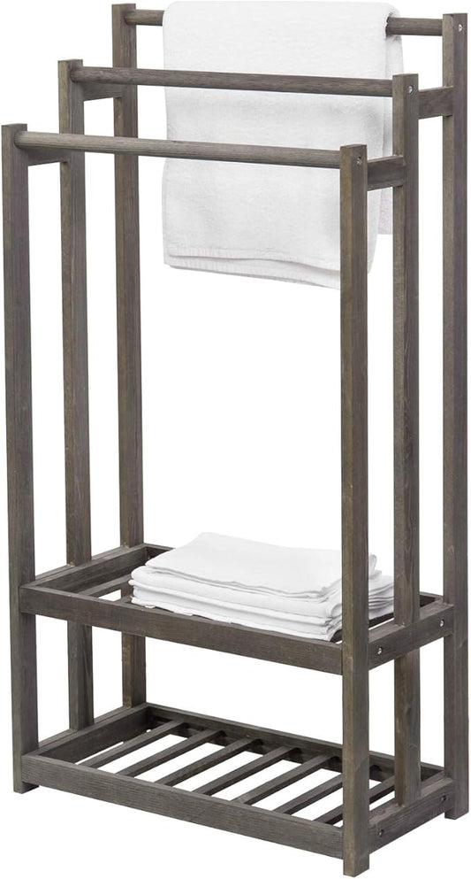 MyGift 3-Tier Free Standing Towel Rack with 2 Bottom Storage Shelves for Bathroom, Blanket Holder Organizer for Living Room, Bath Towel Drying for Laundry, Vintage Gray Wood