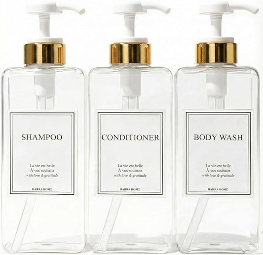 Modern Gold Design Shampoo and Conditioner Dispenser, Large 27oz Shower Soap Dispenser, Set of 3 Refillable Empty Plastic Pump Bottles for Bathroom, 6 Waterproof Labels Included, (Clear & White)