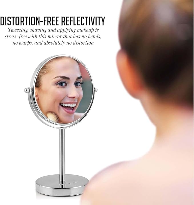 OVENTE 6'' Tabletop Makeup Mirror with 1X/7X Magnification, 360° Swivel Design, Double-Sided Free-Standing Vanity Mirror Perfect for Dresser, Bedroom and Office Desk, Nickel Brushed MNLT60BR1X7X