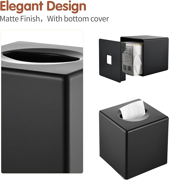 Y-in Hand Tissue Box Cover, Square Facial Tissue Holder Storage for Bathroom Vanity, Countertops, Dressers, Night Stand, Parlors and Offices - Black
