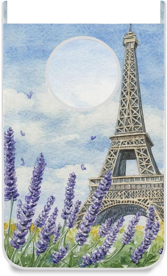 Hanging Laundry Hamper with Stainless Steel Hooks,Oxford Fabric Printing Door Laundry Clothes Bag, 29.5X20inch 2PCS Lavender Eiffel Tower Watercolour Blue