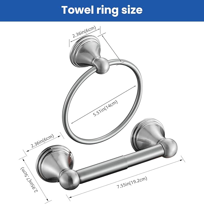 sagetta Hand Towel Holder Towel Ring Set with Toilet Paper Holder 5.55-Inch Bath Towel Ring Diameter Wall Mount Brushed Nickel
