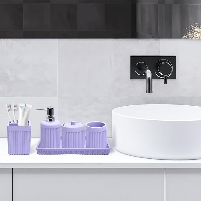 XLHOMO Resin Light Purple Bathroom Accessories Set 5 Pcs, Lotion Soap Dispenser, Toothbrush Holder, Bathroom Tumbler, Qtip Holder and Vanity Tray, Bathroom Countertop Organizer Set for Home Apartment