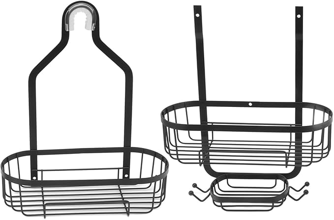 Metal Iron Wall Mounted Bathroom Basket, Punch Free Bathroom Shelves, 2 Layer Wall Mount Storage Basket for Bathroom with Adhesive Backing for Tile Glass Marble Surfaces (Black)