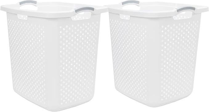 2-Pack 2.5 Bushel Large White Plastic Laundry Baskets - Heavy Duty Hamper with 4 Handles & Ventilation Holes, Space-Saving Storage for Laundry Room, Apartment, Dorm, Bedroom, Bathroom