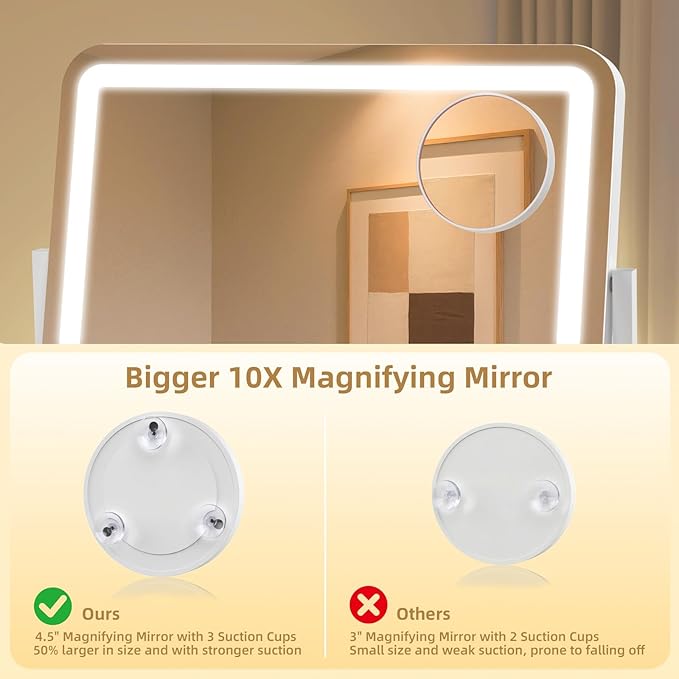 Vanity Mirror with Lights, Lighted Makeup Mirror with 10X Magnification, 3 Color Dimmble Lights, Touch Control, 360° Rotation, Metal Frame, Women's Gift, for Bedroom/Dressing Room, White