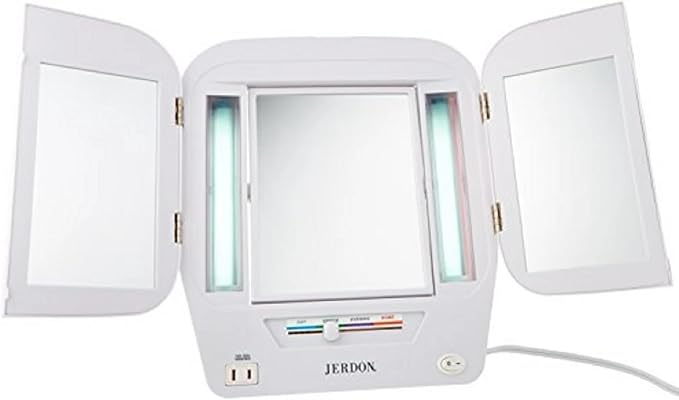 JERDON Modern Tri-Fold Makeup Mirror with Lights - Vanity Mirror with 5X Magnification & Multiple Light Settings - White Base - Model JGL10W