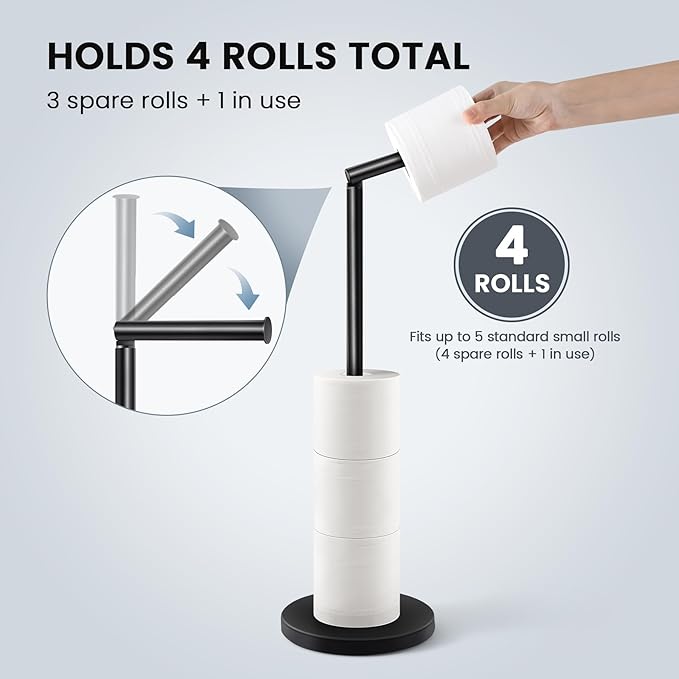 Cesun Toilet Paper Holder Stand Free Standing, Black Toilet Paper Storage with Heavy Weighted Base, Bathroom Stainless Steel Toilet Paper Roll Holder, Non-Slip, Matte Black