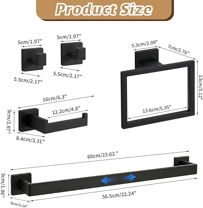 5-Pieces Matte Black Bathroom Accessories Set, 24 Inch Bath Towel Bar Set, SUS 304 Stainless Steel Bathroom Hardware Set, Towel Racks for Bathroom Wall Mounted