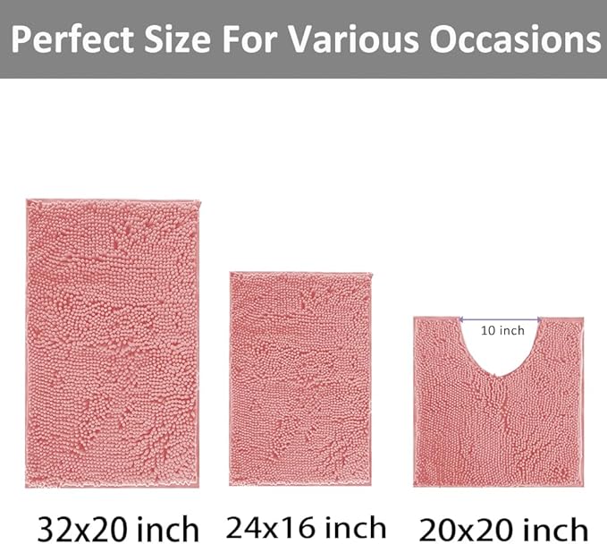 Pink Bathroom Rugs Chenille Bath Mat Set 3-Piece Bath Rugs for Bathoom Extra Soft Bath Mats for Bathoom Non Slip Absorbent Shag Bthroom Carpet, Machine Washable, Mats Sets 3 Toilet Rug