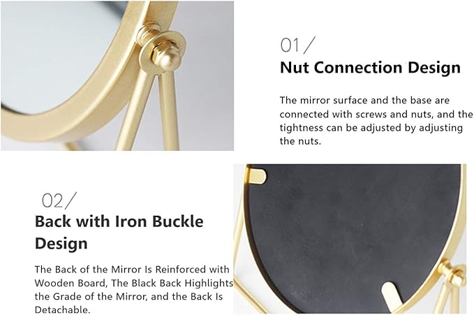 Iron Tabletop Makeup Mirror, Round Swivel Desktop Stand Mirror, 360°Rotation One-Sided Dressing Table Mirror(Golden)