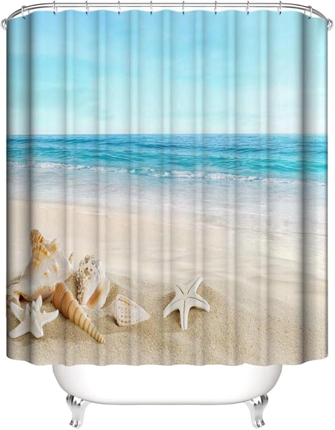 Chrainy 4Pcs Summer Beach Shower Curtain Sets Sea Bathroom Set Decor with Non-Slip Rugs Bath U-Shaped Mat Toilet Lid Cover Waterproof Bathroom Curtain Shower Set with 12 Hooks