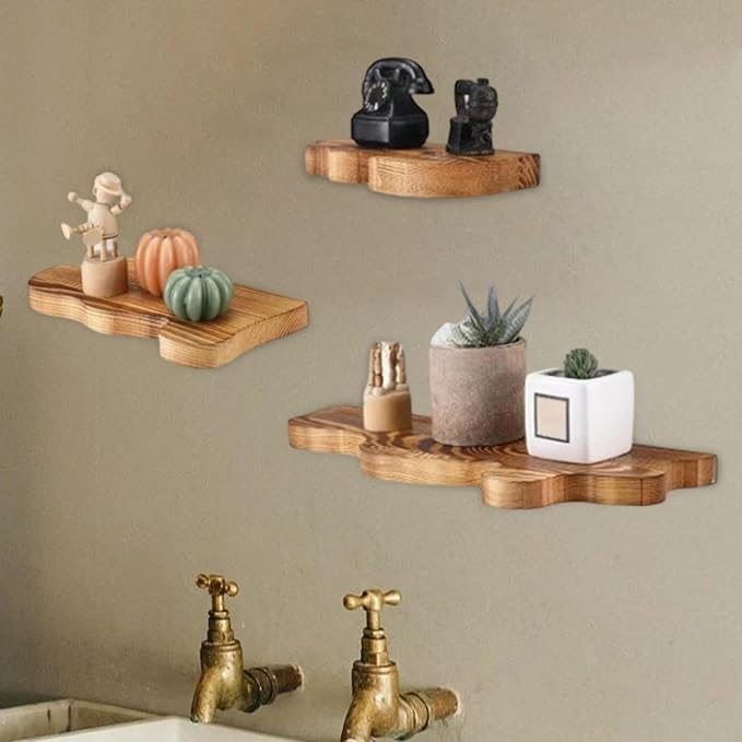 3 Pieces Bathroom Shelves Wall Display Shelves Wood Modern Multipurpose Rustic Cloud Shaped Organizer Stand for Dorm, Dark Brown