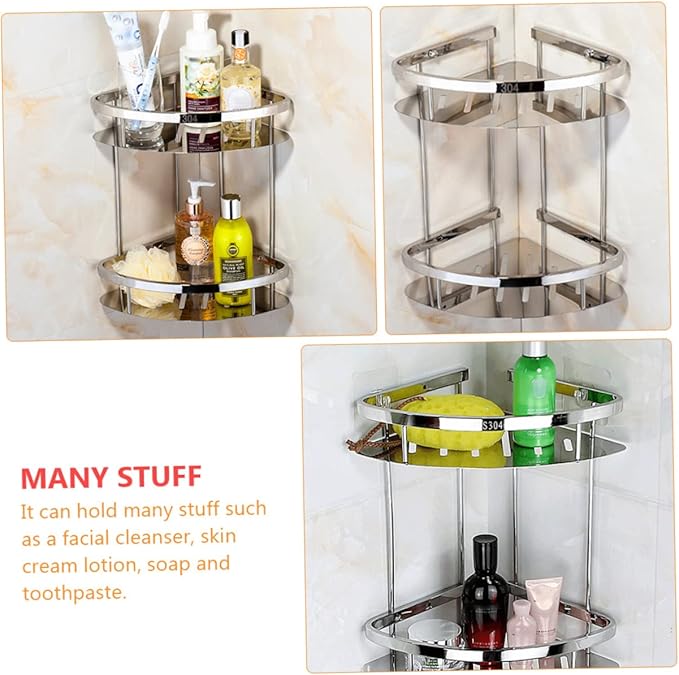 PRETYZOOM Stainless Steel Double Layer Corner Storage Rack Thickened Triangle Bathroom Shelf Organizer with Hollow Out Design for Efficient Space Utilization