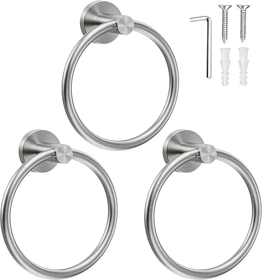 SetSail Towel Holder for Bathroom Wall Silver Towel Ring Stainless Steel Hand Towel Holder 3 Packs Towel Hanger for Bathroom Accessories, Drill Hole