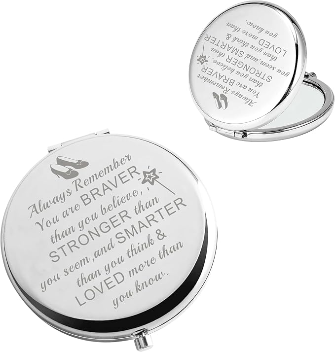 BAUNA Always Remember You are Braver Than You Believe Inspirational Pocket Makeup Mirror for Women (W Mirror Steel Color)