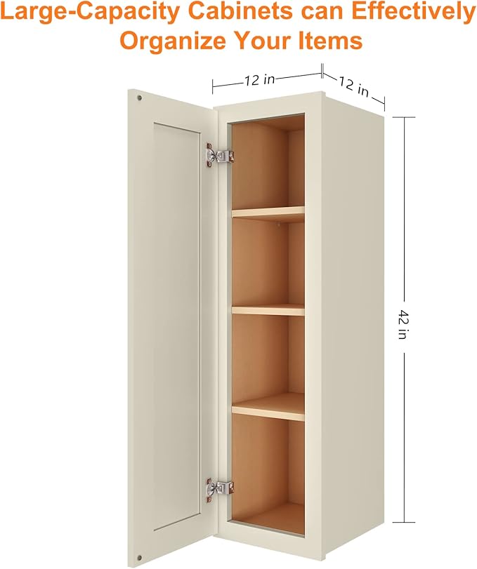 ROOMTEC Wood Wall Cabinet, RTA Single Door Medicine Cabinet with Adjustable Shelves and Soft-Close Door for Kitchen, Bathroom, and Laundry. 12" D*12" W*42" H, Shaker Antique White