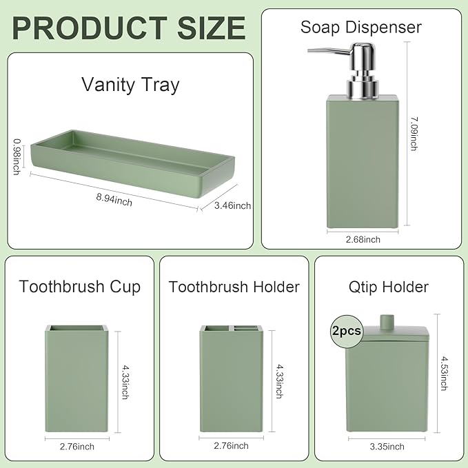 Sage Green Bathroom Accessories Set Resin 6PCS, Square Toothbrush Holders Set Complete with Soap Dispenser, Vanity Tray, Tumbler, Cups and Cotton Swab Jars for Counter, Sink or Small Spaces