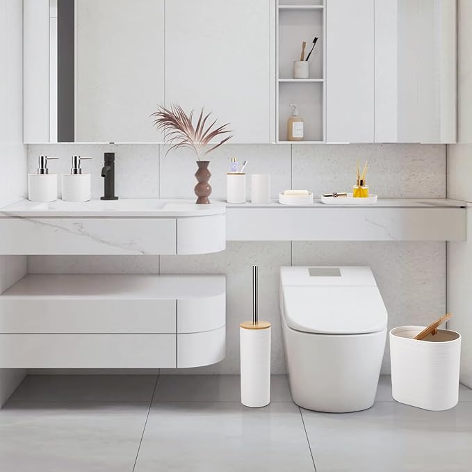 XLHOMO White Bathroom Set, White Bathroom Accessories Set with Trash Can, 2PCS Soap Dispensers, Soap Dish, Toothbrush Holder, Toothbrush Cup,Toilet Brush, Tray and Qtip Holders for Bathroom Decor