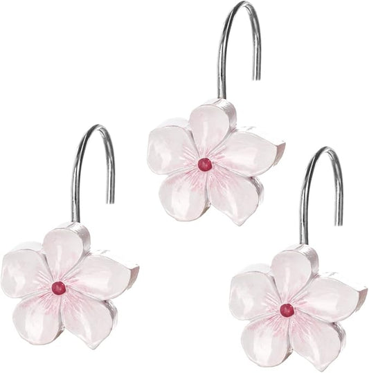 Creative Scents Vanda Cherry Blossom Shower Curtain Hooks Decorative Set of 12 Flower Shower Curtain Rings for Curtain - White and Pink Shower Hooks Bathroom Accessories Decor