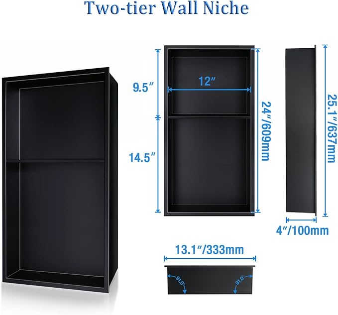 Neodrain Shower Niche Insert Tile-Ready Recessed Wall Niche for Shower Organizer - Stainless Steel No Tile Needed Built-in Bathroom Shelf, 2-Tier12x24 Inch Easy Install, Matte Black