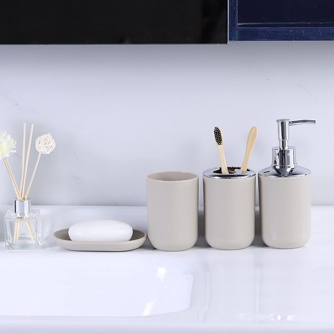 IMAVO Bathroom Accessories Set,Apricot Bathroom Set,7 Pieces Bathroom Accessory Set,Tray,Toilet Brush,Trash Can for Bathroom Décor and Housewarming Gifts