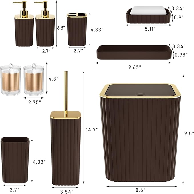 XLHOMO Bathroom Accessories Set - Gorgeous Bathroom Set, 10PC Brown Bathroom Accessories, Bathroom Accessory Set, Toilet Brush, Trash Can, Qtip Holder Dispenser & Soap Dispenser