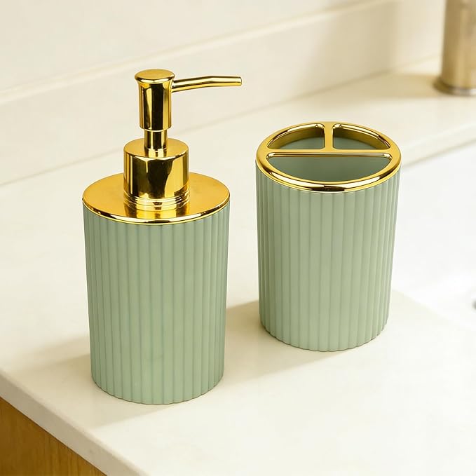 Bathroom Accessories Set, 2-Piece Green & Gold Soap Dispenser & Toothbrush Holder, Modern ABS Vanity Organizer for Countertop, Minimalist Bathroom Decor