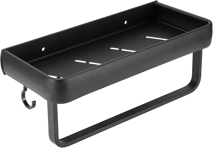 30cm Bathroom Shelf, Wall Mounted Storage Rack, Aluminum Material, with Heightened Fence Design, Ideal for Home Bathrooms (Single Layer with Rod with 5 Hooks)