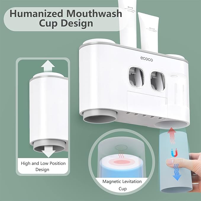 Toothbrush Holders with Toothpaste Dispenser Wall Mounted for Bathroom-4 Cups Automatic Electric Tooth Pastetooth Squeezer-Bathroom Organizer Storage Accessories Set for Kids with 5 Toothbrush Slots