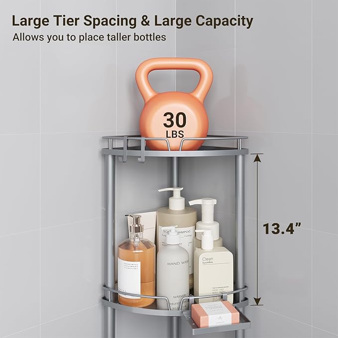 ELYKEN Corner Shower Caddy Standing, 3 Tier Rustproof Metal Shower Organizer with Soap Holder, Floor Shower Corner Shelf Rack Storage Stands with Adjustable Feet & 2 Hooks for Bathroom, Silver