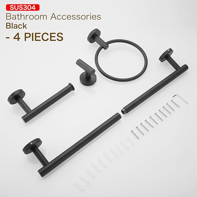 Matte Black Towel Bar Set,18in Bathroom Hardware Accessories Set Wall-Mounted Adjustable 304 Stainless Steel Round 4-Piece Bathroom Accessories Kit