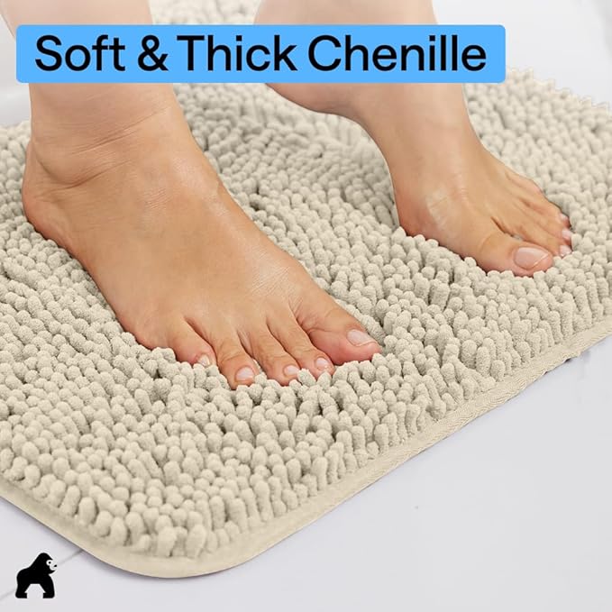 GORILLA GRIP Bath Rug Mat 36x24, Thick Soft Absorbent Chenille, Quick Dry Microfiber Mats, Rubber Backing Washable Shower Floor Rugs, Bathmat Runner, US Designed Bathroom Home Decor Accessories Sand